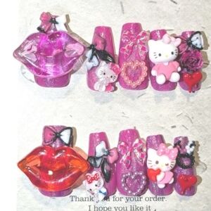 Hand CRAFTED Custom Pink Kitty Valentine's Day Acrylic Nail Set Sz L